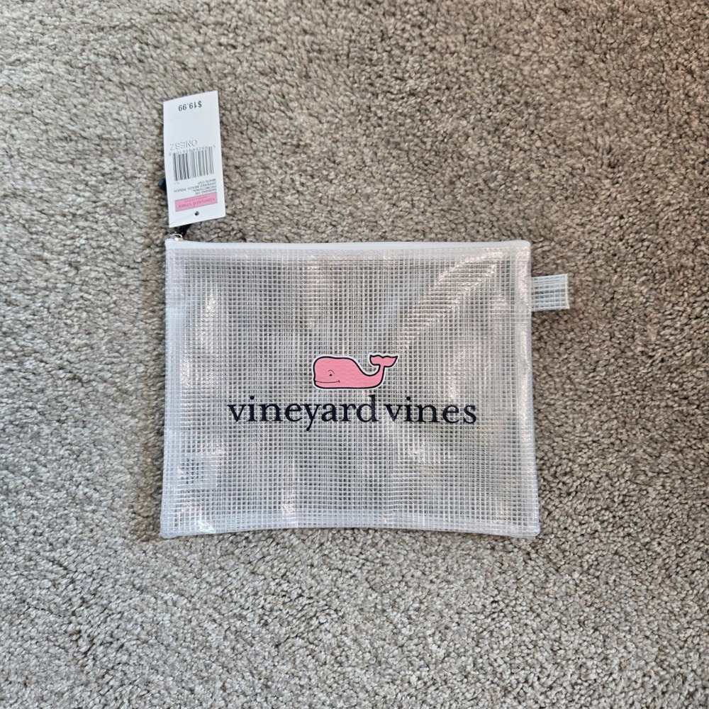 Vineyard Vines Zippered Beach Pouch White Clear Mesh Pink Whale NWT